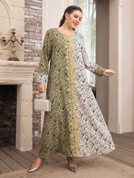 

plus colorblock ditsy floral guipure lace appliques tunic dress 28f9#, Black