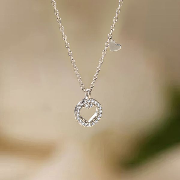 

minsheng flash diamond love necklace ins cool wind light luxury hollow out heart shaped pendant versatile clavicle chain female, Silver