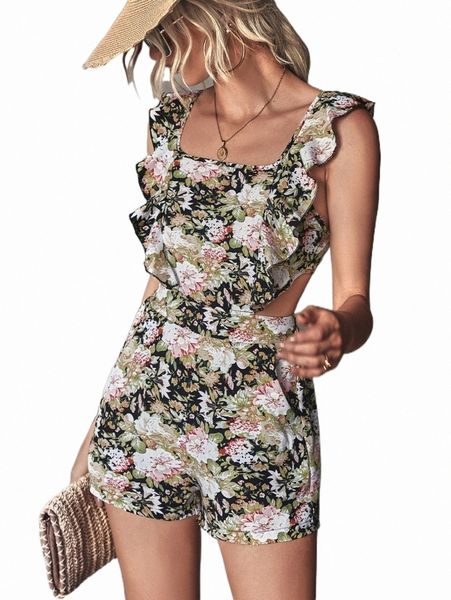 

floral print square neck ruffle trim backless knot romper f7qk#, Black;white
