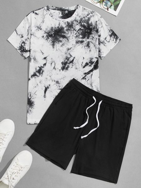

men tie dye print tee & drawstring waist track shorts set r4lj#, Gray
