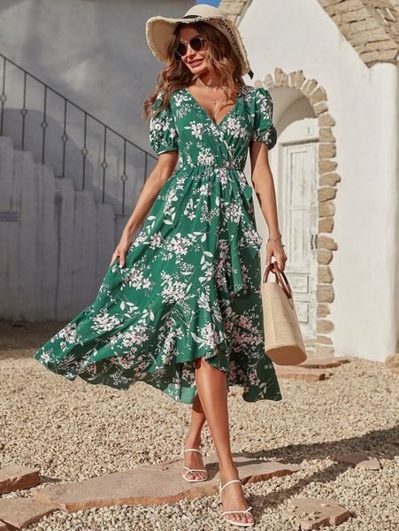 

puff sleeve wrap hem floral dress g8gu#, Black;gray