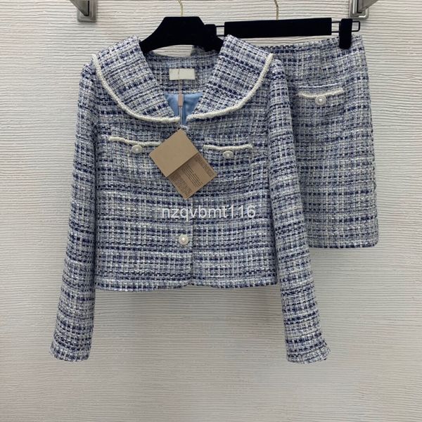 

women's knits & tees 21 tweed woven navy style lapel short coat high waist slim a-shaped skirt suit, White