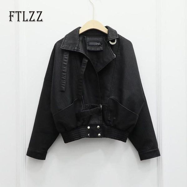 

ladies casual leather jacket spring autumn loose batwing sleeved zipper basic faux leather coats women biker outerwear 201030, Black