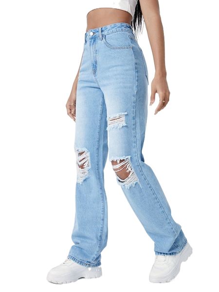 

ripped detail straight leg jeans m1f5#, Blue