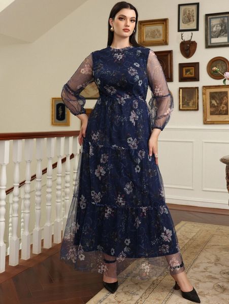 

plus floral print ruffle hem bishop sleeve mesh dress q9ep#, Black