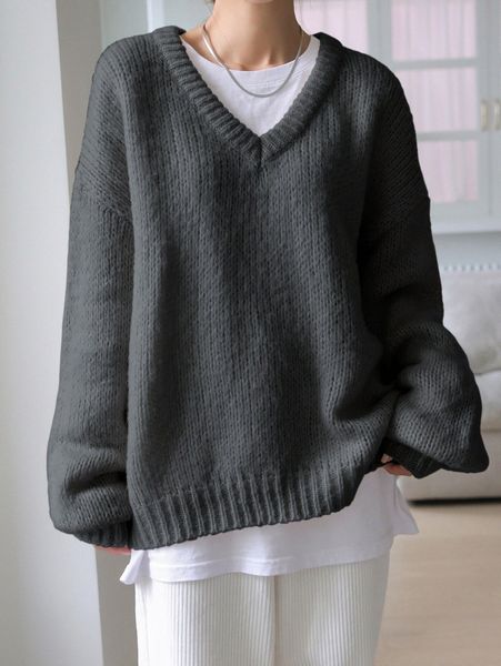 

dazy solid v-neck drop shoulder sweater j9k0#, White;black