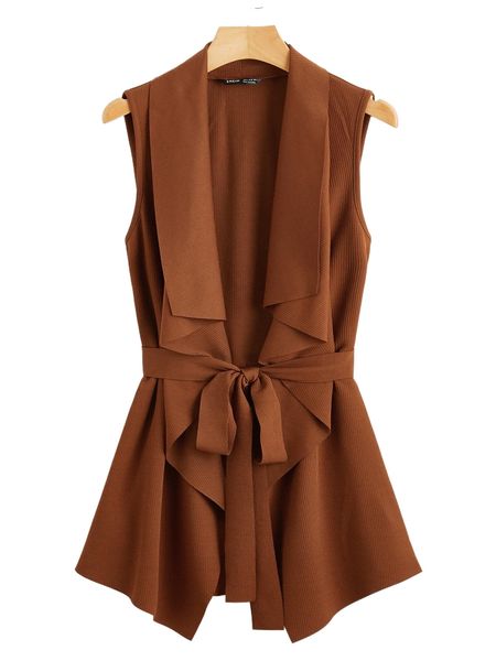 

draped collar self belted vest 08px#, Black