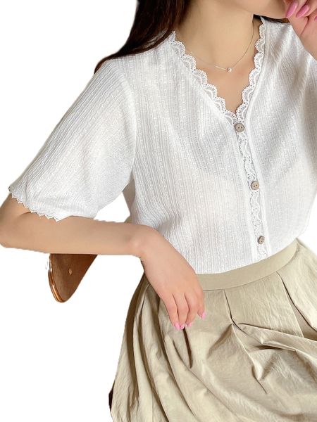 

dazy contrast lace button front tee 09x2#, White
