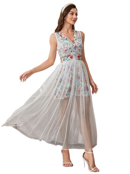 

floral print embroidery mesh overlay dress y9vq#, Black;gray