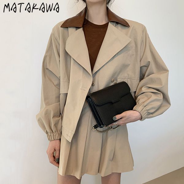 

double breasted coat women turndown collar colorblocking jacket short korean lantern sleeve jackets for 210506, Tan;black