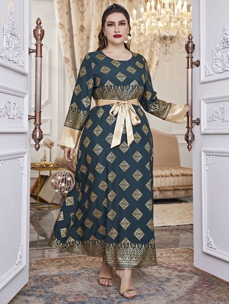 

plus geo & baroque print belted dress v4cf#, Black