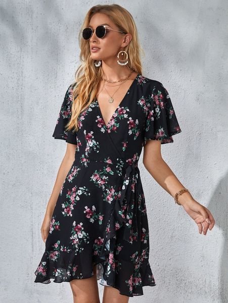 

butterfly sleeve wrap tie side floral dress g5d4#, Black;gray