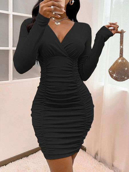 

sxy plunging neck ruched bodycon dress l7xo#, Black;gray