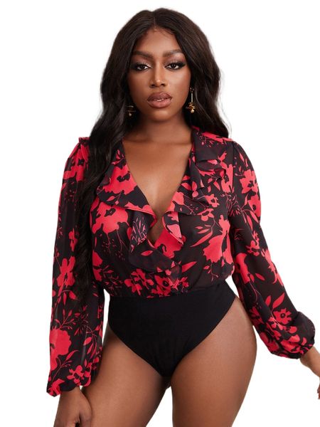 

sxy deep v neck colorblock floral print ruffle bodysuit p063#, White