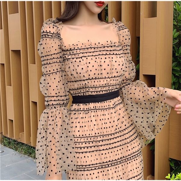 

spring arrive mesh lace bodycon women dress backless flare sleeve party dress 210412, Black;gray