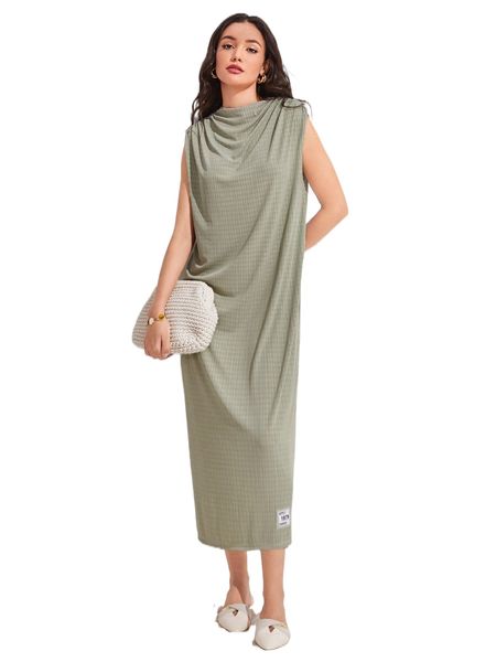 

cowl neck patched detail sleeveless dress 61wz#, Black;gray