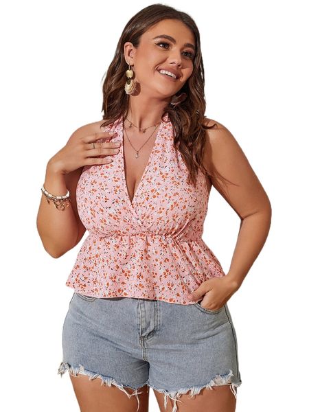 

plus ditsy floral peplum tie backless halter x61u#, Black