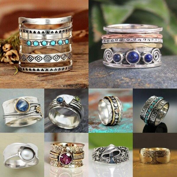 

cluster rings retro bohemian style width ring inlaid oval green stone two tone design finger s for women personality vintage jewelry, Golden;silver