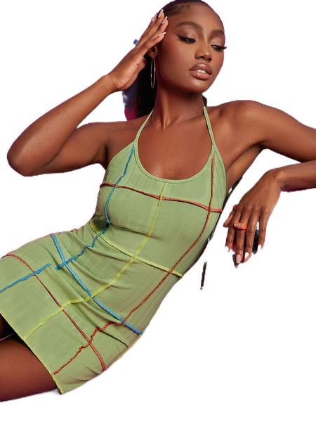 

t.ie b.ackless c.olorblock seam front h.alter d.ress b4qw#, Black;gray