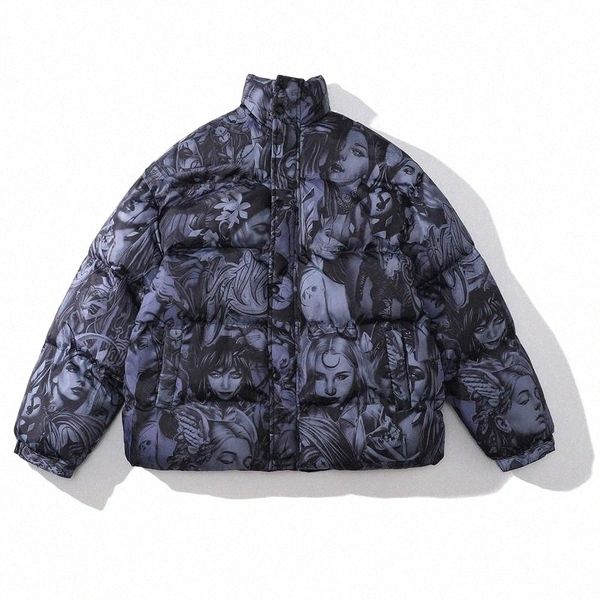 

men's jackets hip hop streetwear jacket coat men winter thick padded puffer girl printed oversized down parka gothic m29q#, Black;brown