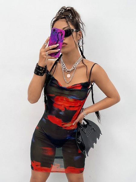 

backless graphic mesh cami dress r2dx#, Black;gray
