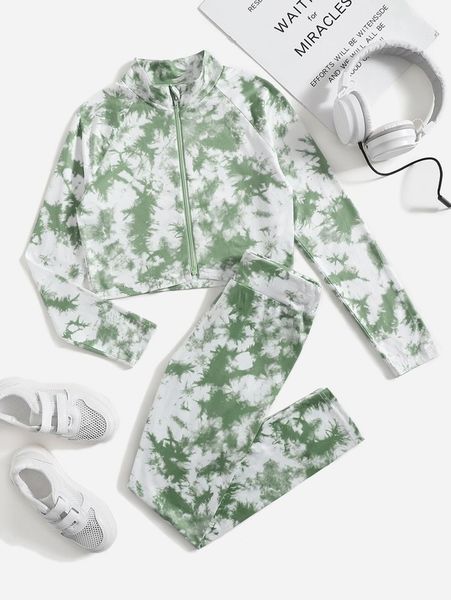 

girls tie dye raglan sleeve zip front sweatshirt & leggings she, White