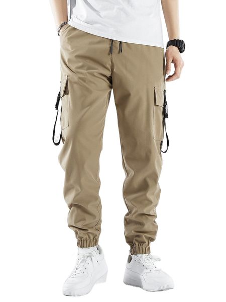 

men flap pocket buckle detail drawstring waist cargoÂ pants o2bp#, Black