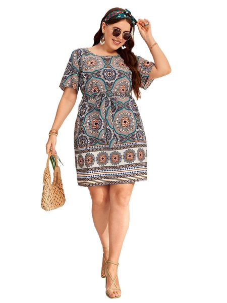 

plus floral print belted dress p8xw#, Black