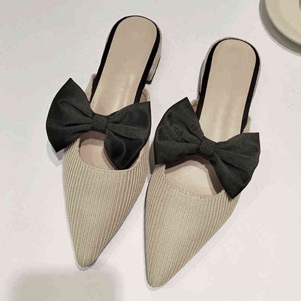 

butterfly knot pointed toe mules shoes stretch knitted slippers women mesh slides fashion slip on shallow flats spring 220615, Black