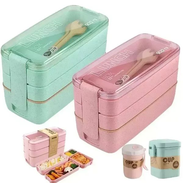 Lunchbox aus Weizenstroh für Kinder, Tupperdosen, Lebensmittelbehälter, Schule, Campingbedarf, Geschirr, auslaufsichere 3-lagige Bento-Boxen FY5354 0704