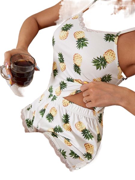 

pineapple print lace trim pj set p4ti#, Black;red