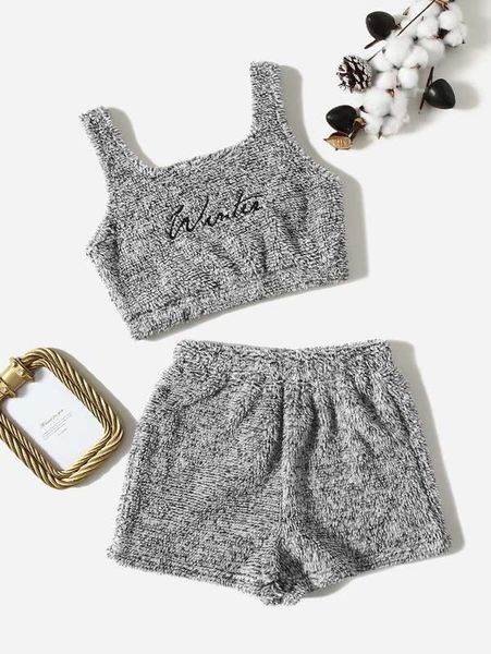 

girls letter embroidery teddy tank & shorts she, White