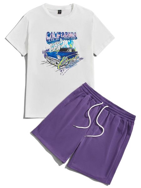 

men car & letter graphic tee & drawstring waist shorts m1oo#, Gray