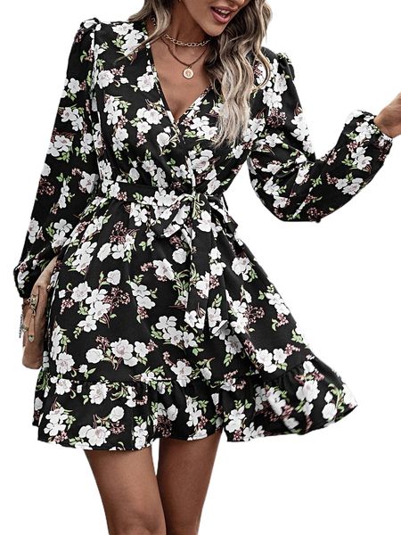 

allover floral print puff sleeve ruffle hem belted dress w6ed#, Black;gray
