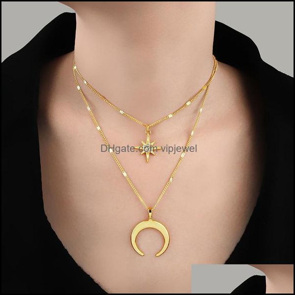 Collane con ciondoli Pendenti con ciondoli Collana con catena a doppio strato in oro con doppio corno Crystal Star Crescent Moon Choker per le donne Bohemia Boho Drop D