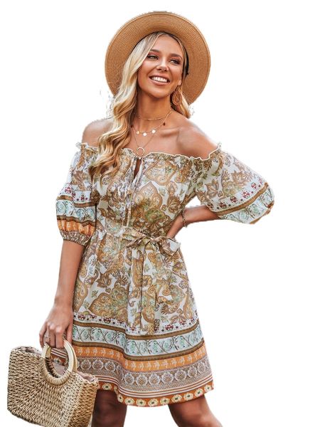 

floral bardot bishop sleeve belted a-line dress j4va#, Black;gray