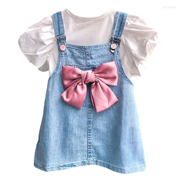 Roupas Conjuntos de roupas Doce Big Bow Princess Girls Suit Coreany Style fofo Puff Sleeve Top Strap Denim Dress 2pcs Roupa de verão Crianças Setclo