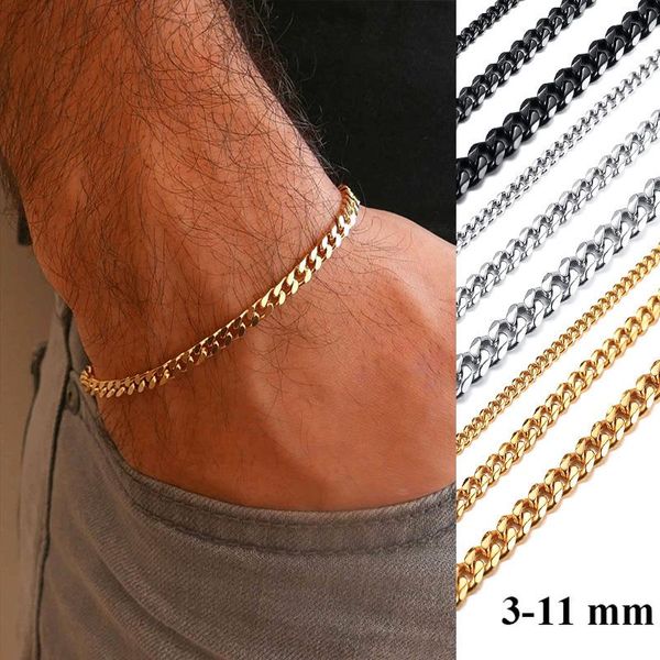 

link, chain yo basic 3/5/7/9/11mm wide curb cuban link bracelets for men women jewelry anti allergy stainless steel wristband gift, Black