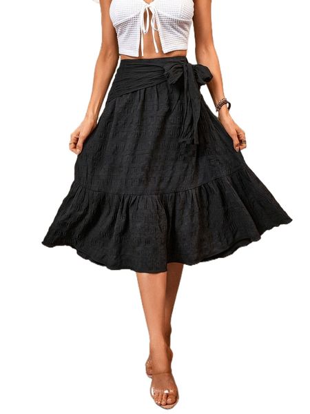 

textured high waist knot side ruffle hem skirt n9oj#, Black
