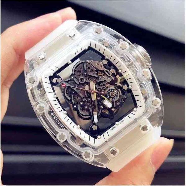 

luxury mens mechanics watches richa milles wristwatch transparent trend 055 automatic machine crystal snow glazed white tape r watch for men, Slivery;golden