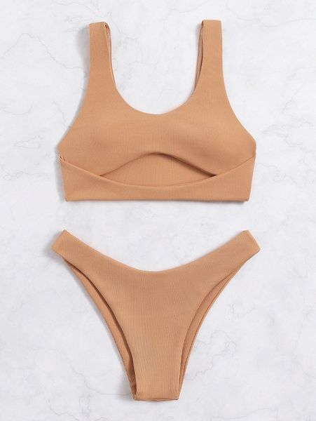 

plain cut-out rib bikini swimsuit t16w#, White;black