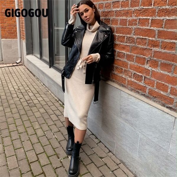 Gigogou Mulheres Vestido Midi Longo Disco de Turtlence Sweater Sweater Sweater Vestido Elegante Pullover Straight Christmas Party Dresses 201223