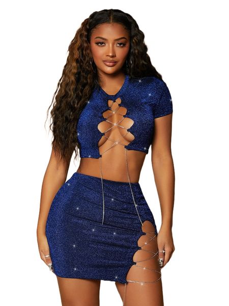 

sxy rhinestone chain detail crop & bodycon skirt h1wk#, White