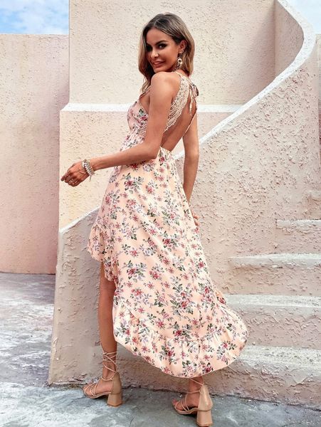 

allover floral tie backless high low hem dress q1jd#, Black;gray