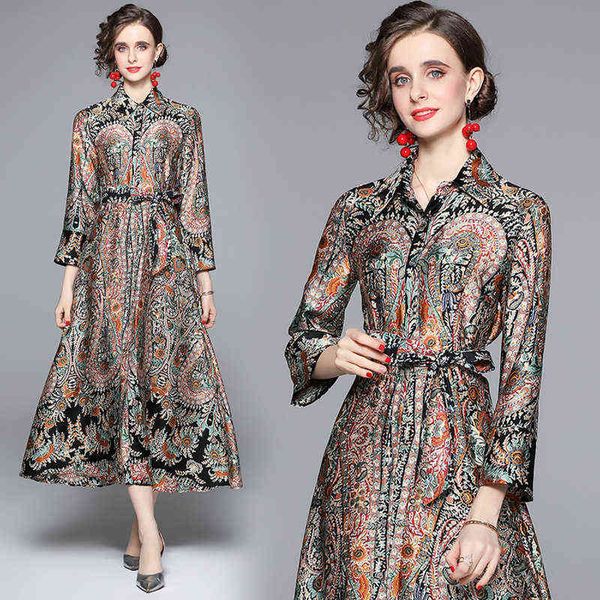 

luxury designer women's dresses spring women's 9 / 4 sleeve waistband printed shirt collar dresses, Black;gray