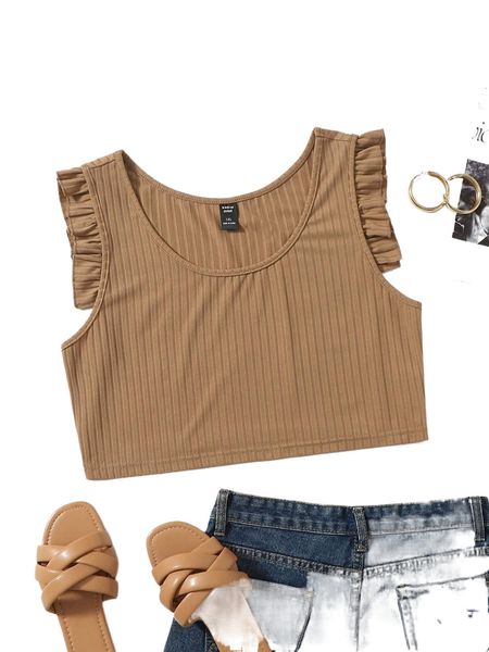 

plus frill trim ribbed knit tank s4p7#, Black