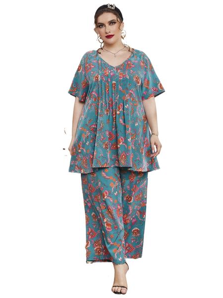 

plus floral print press crease detail & wide leg pants q6fn#, Black