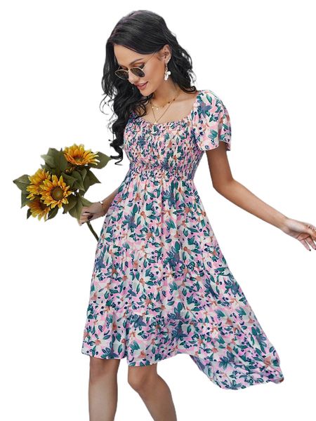 

floral print butterfly sleeve shirred high low hem dress o1rn#, Black;gray