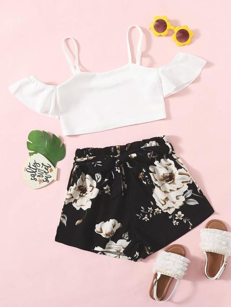 

girls cold shoulder & floral print belted shorts set she, White