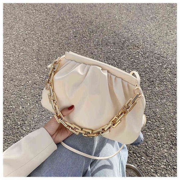 

new thick chain shoulder bags for women pu leather pleated cloud bag simple crossbody bag casual ladies bag designer g220423